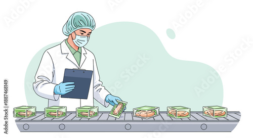 A medical professional inspects food product on a conveyor belt in a factory.
