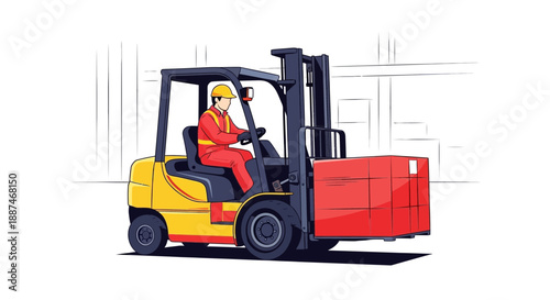 A worker operates a forklift with a large crate in a warehouse setting efficiently.