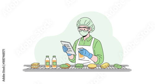 A food factory worker in a green uniform checks products on a conveyor belt.