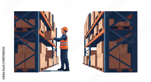 A worker in an orange vest stacks boxes on shelves in a warehouse aisle.