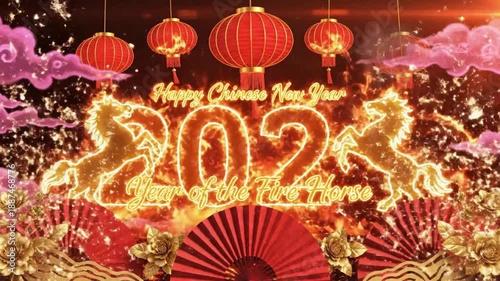 Happy Chinese New Year 2026, Year of the Fire Horse, Golden Particle Animation with Fireworks