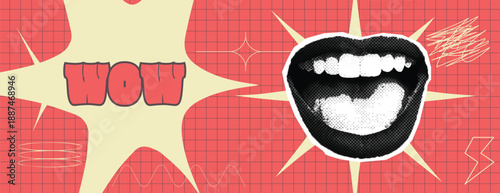 Retro vintage pop art halftone dotted style open mouth screaming women shouting announcement banner for social media cover, banner website header with comic book style paper cutouts grid background