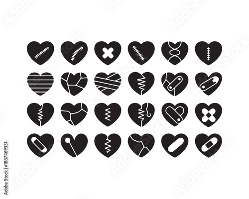 Stitched and bandaged heart silhouettes representing emotional repair and recovery from heartbreak concepts vector illustration