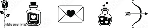 Minimalist Valentine’s Day icons in black and white featuring rose, love potion, envelope, hearts, and Cupid’s bow for romantic design themes.