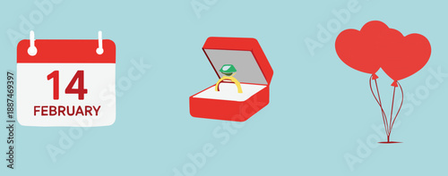 Valentine’s Day romantic celebration with February 14 calendar, heart balloons, and ring box on blue background for love-themed design and gifting.