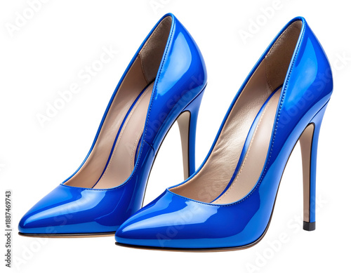 Luxury Blue Stiletto Shoes Front View, High Heel Fashion Product Mockup, Isolated PNG.