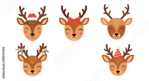 Set of five adorable reindeer heads decorated with festive holiday accessories like santa hats, bows, and colorful lights.
