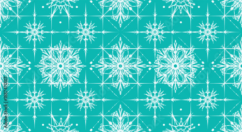Intricate turquoise winter background features a geometric grid of white snowflakes for festive holiday seasonal design projects.