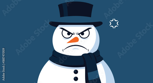 Angry snowman character wearing a black top hat and navy blue scarf looks frustrated against a dark winter background.