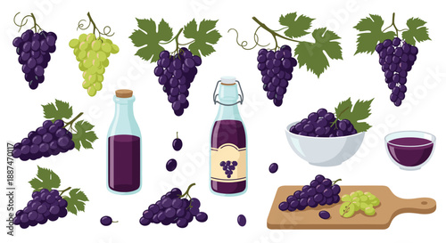 Comprehensive collection of grape products includes fresh bunches, juice bottles, bowls of fruit, and a cutting board.