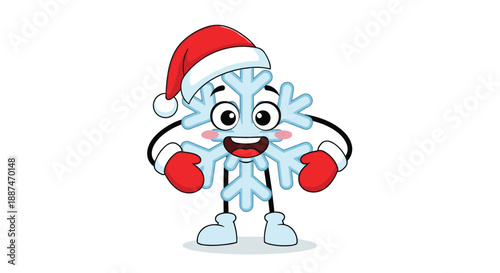 Jolly snowflake character wearing a red and white Santa hat and red mittens smiles happily with wide eyes on a clean white background.