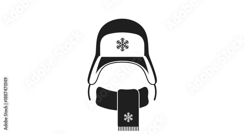 Simple black and white illustration depicts a warm winter trapper hat and a matching scarf both decorated with a single snowflake emblem.