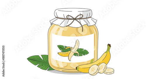 Large glass jar filled with preserved banana slices sits next to a fresh whole banana and cut pieces on a white surface.