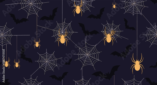 Spooky seamless pattern features golden spiders on white cobwebs and black bats flying across a dark navy blue background for Halloween.