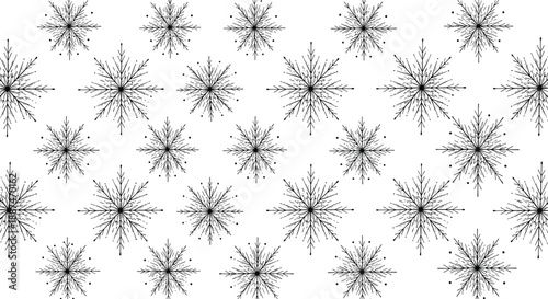 Intricate pattern displays various symmetrical black snowflake designs arranged in a grid-like fashion over a plain white background surface.