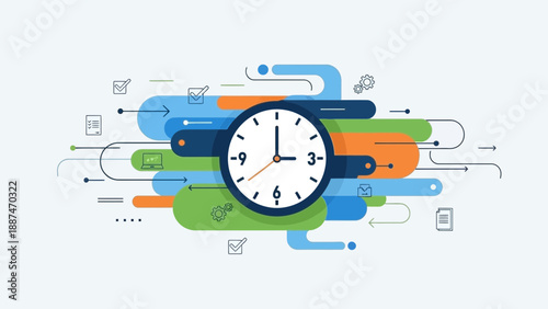 Stunning clock surrounded by dynamic workflow and productivity icons