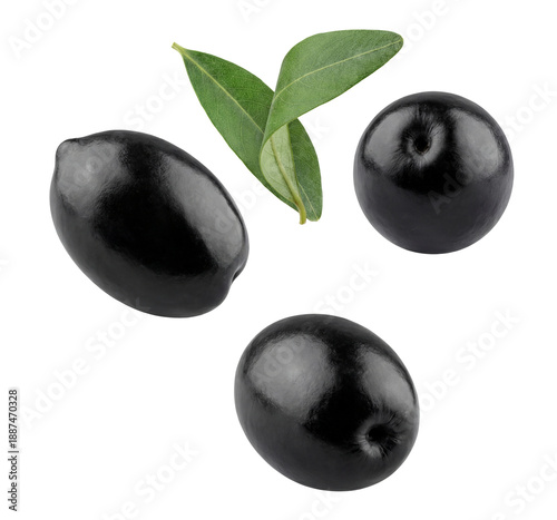 Tableau sur toile a cluster of glossy black olives, some with vibrant green leaves, artfully arranged on a deep transparent background