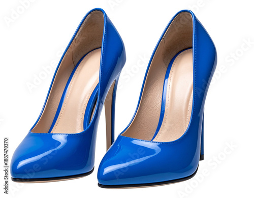 Luxury Blue Stiletto Shoes Front View, High Heel Fashion Product Mockup, Isolated PNG