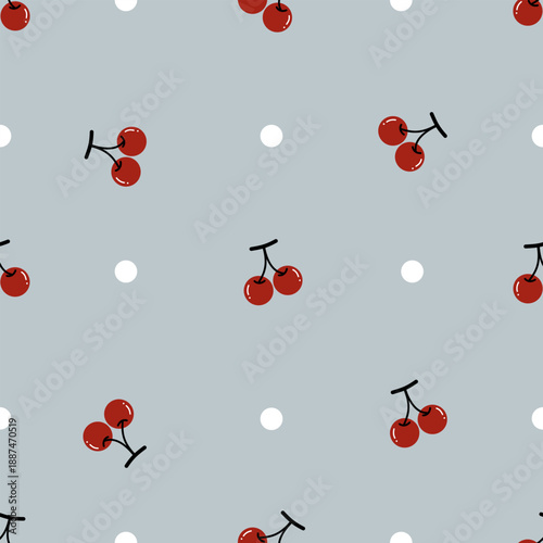 Seamless vector pattern with berries.Red Cherries and white polka dots on  grey background .Repeating print background texture. Fabric colorful design.