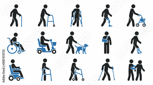 Mobility Aid & Accessibility Icon Set – 16 Black-and-Blue Figures Featuring Assistive Devices for Disability Awareness, Healthcare, and Inclusive Design Use