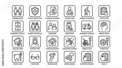 Healthcare Service Icon Set – 24 Black-and-White Line Vectors Featuring Medical, Emergency, Geriatric, and Wellness Concepts for Clinical, Informational, and Educational Use
