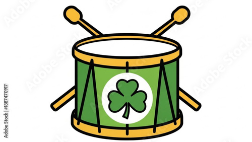 Green Drum with Shamrock Symbol on White Background, Isolated, Cartoon Style