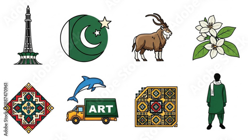 Pakistani Culture and Symbols Isolated on White Background