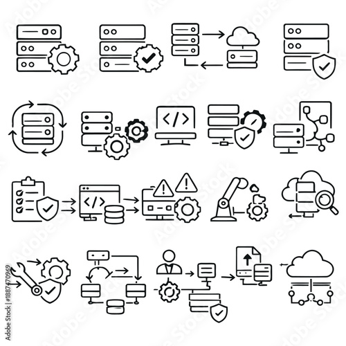 Various technological processes and cloud data storage illustrations showcasing different stages of digital workflow and security measures in a simple flat design style