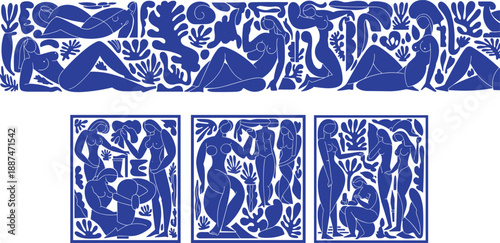 Abstract blue female figure illustration set with reclining women and botanical shapes, modern folk art style, body positive composition, decorative vector design