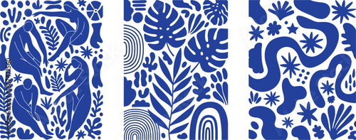 Abstract blue botanical illustration with human figures, modern folk art style, organic shapes, nature inspired decorative vector design, contemporary minimal composition