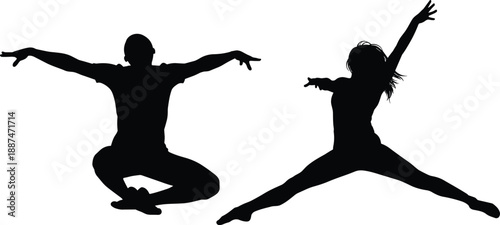 Contemporary dance silhouette illustration with male and female dancers jumping and stretching poses, expressive movement, modern performance art, black vector design