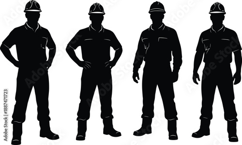Construction worker silhouette illustration set with industrial labor men wearing safety helmets, standing poses, professional builder figures, black vector design