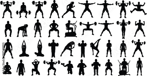 Fitness exercise silhouette illustration set with men performing gym workouts, weightlifting, strength training and cardio poses, athletic training figures, black vector collection