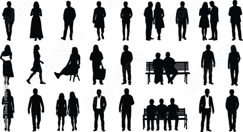 People silhouette collection with men and women standing, walking and sitting poses, social interaction scenes, black vector illustration set, isolated minimal design