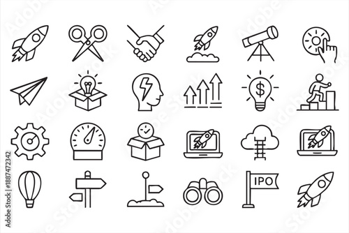 Business Strategy And Launch Line Icons For Entrepreneur Platforms