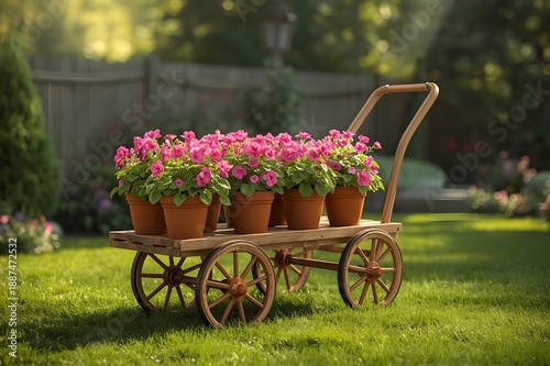 Wooden Garden Trolley with Terracotta Pots of Pink Geranium Flowers on Green Lawn in Sunny Backyard, Natural Daylight, Professional Outdoor Photography Composition