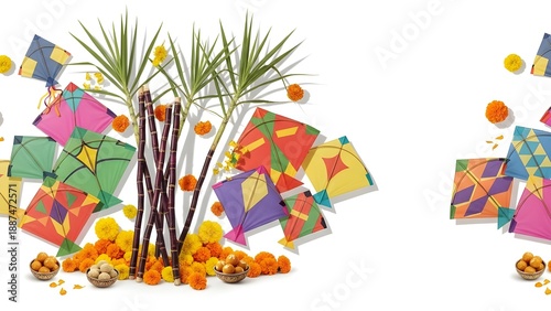 Makar Sankranti Celebration with Sesame Laddoos and Colorful Kites – Festive Indian Harvest Festival Concept