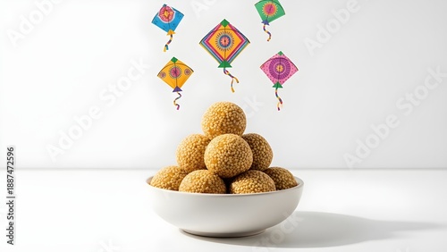 Makar Sankranti Celebration with Sesame Laddoos and Colorful Kites – Festive Indian Harvest Festival Concept