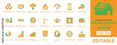 Solar energy system icon set. Containing solar power, wind turbine, hydro power, biomass fuel, green house, eco battery and more. Solid vector icons collection.