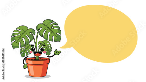 Happy monstera deliciosa potted plant cartoon character with a smiling face gesturing towards a large empty yellow speech bubble.