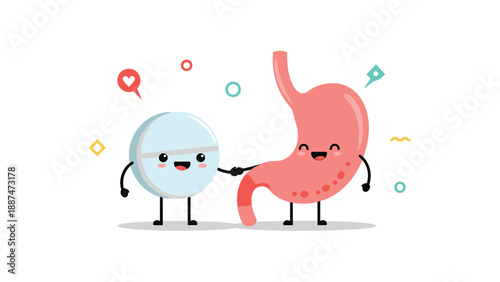 Helpful medical pill and human stomach cartoon characters shaking hands to represent effective treatment and digestive health.