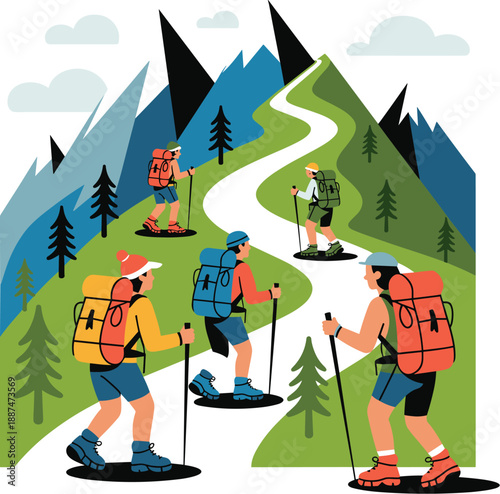 People on a mountain holiday trip vector on white background.