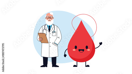 Senior male doctor with a white coat and clipboard standing next to a large friendly red blood drop character with arms.