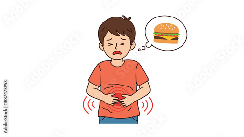 Young boy in an orange shirt holding his stomach in pain while thinking about a delicious burger in a thought bubble.