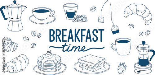 Breakfast time hand drawn illustration set with coffee cups, croissants, pancakes, sandwiches, tea and cafe elements, vintage line art food collection