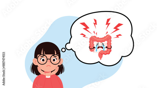 Worried girl with glasses holding her face while thinking about a personified red intestine character that is crying in pain.