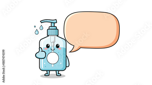 Friendly hand sanitizer bottle character giving a thumbs up and standing next to an empty speech bubble for messages.