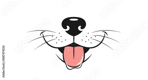 Close up illustration of a happy dogs nose mouth and tongue with whiskers isolated on a white background for pet related graphic design.