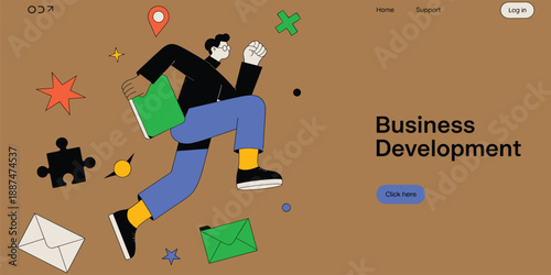 Business development landing page illustration, modern startup growth concept, professional character design, strategy and success theme, flat web banner