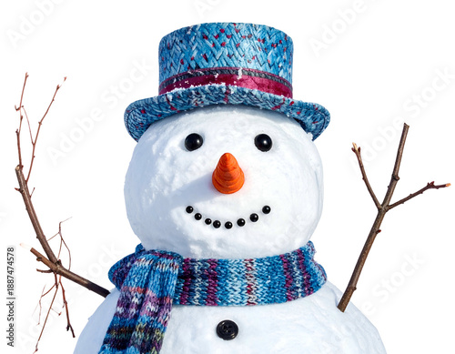 Cheerful snowman with carrot nose, twig arms, button smile, hat, scarf